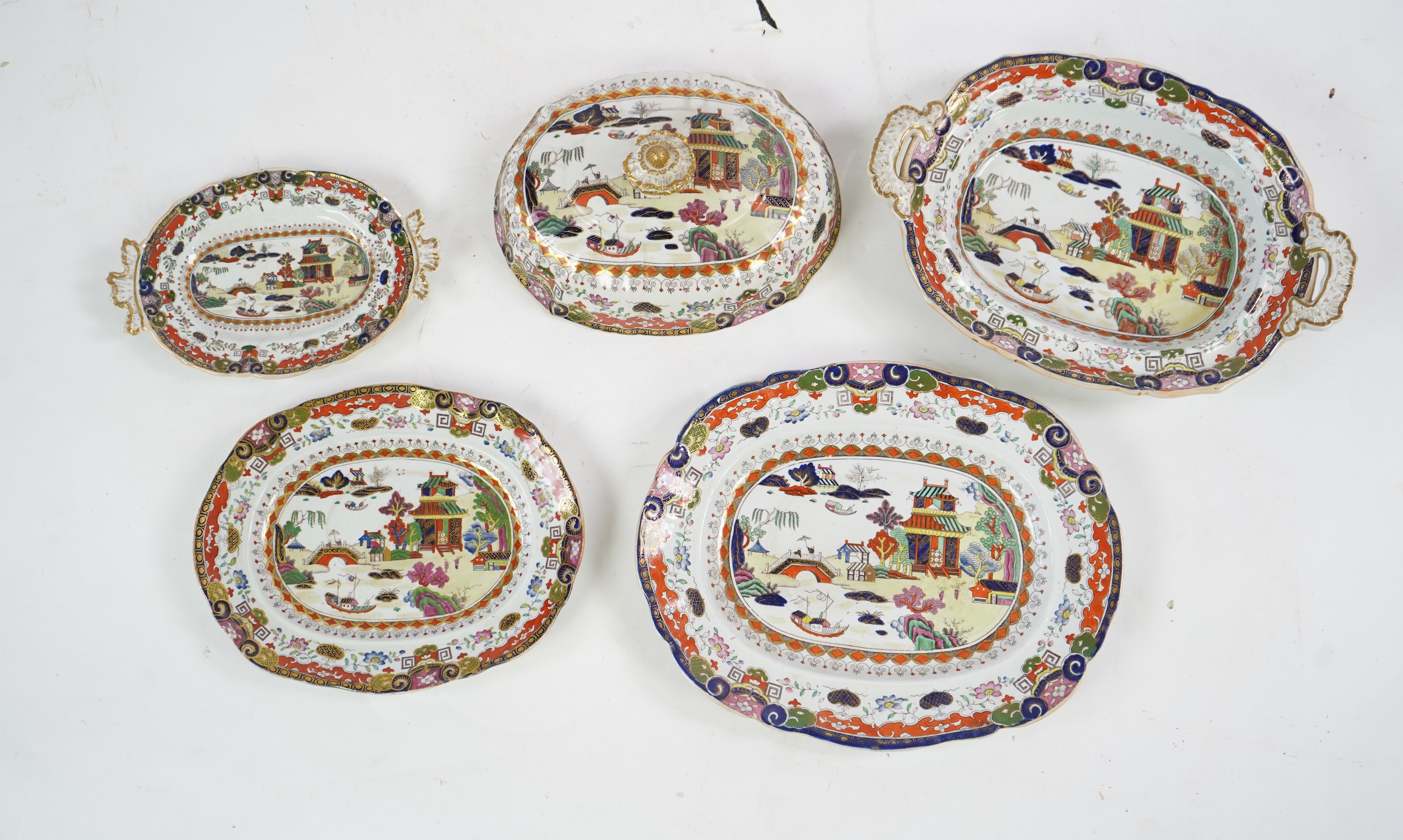 A Masons ironstone landscape pattern part dinner service, first half 19th century